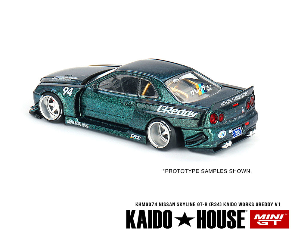 1:64 Nissan Skyline GT-R (R34) Kaido Works GReddy V1 – Green – Limited Edition