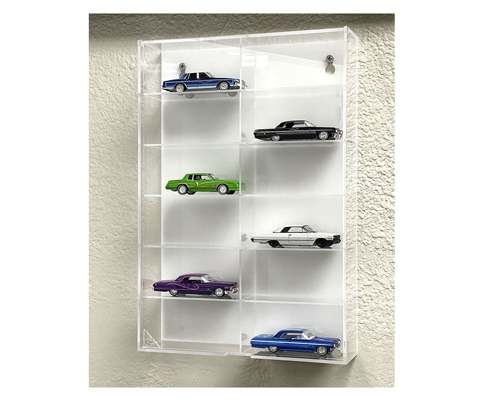 1:64 12-Car Display Case Wall Mount Plastic White Back Version With Cover (8.5″ x 2.64″ x 12.8″)